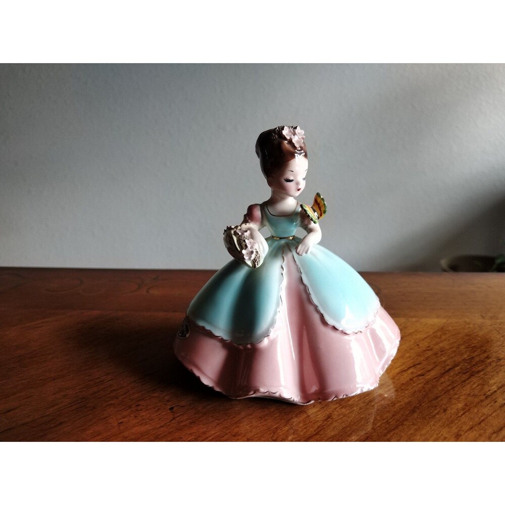 Josef Originals Girl Figurine Butterfly Flowers Pink Blue Dress 5" Pet Series